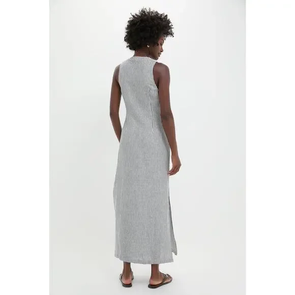 ONIA Deep Navy Striped Air Linen Button Down Maxi Dress Size XS NWT - Picture 2 of 8